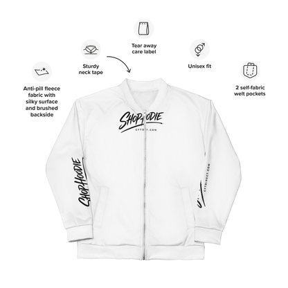 White bomber jacket with black text and graphics on a white background