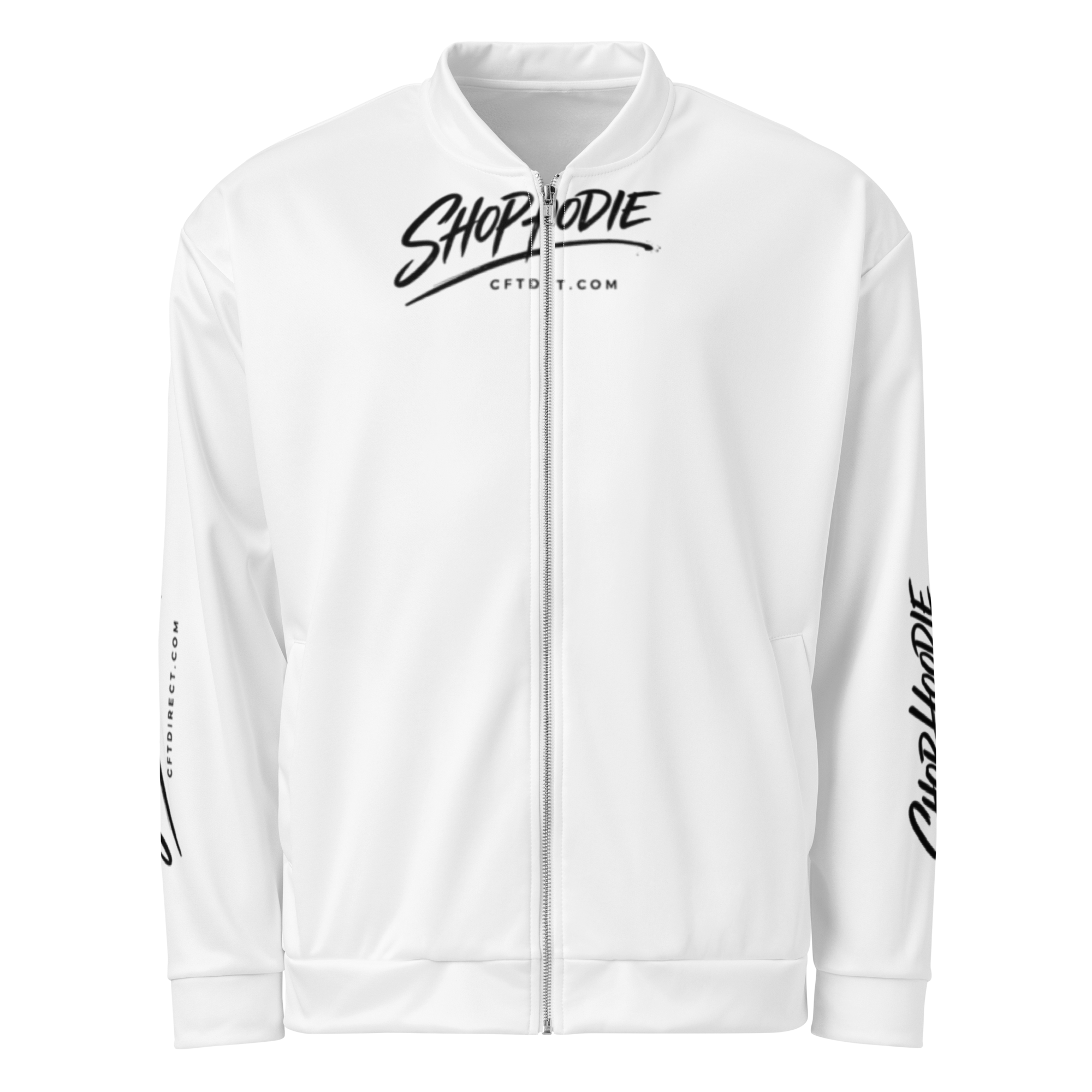 White jacket with black text and branding on a white background