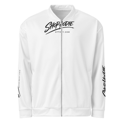 White jacket with black text and branding on a white background