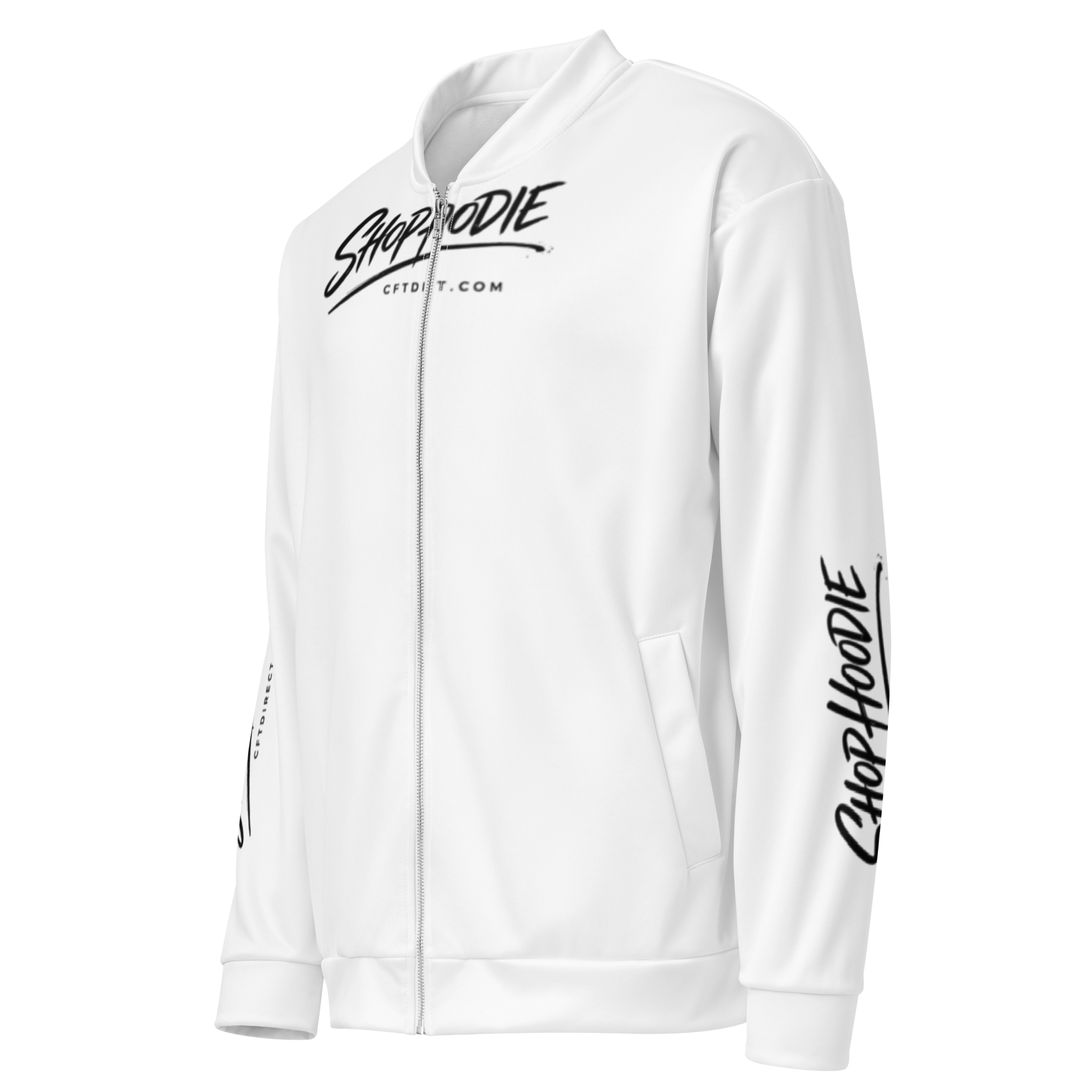 White hoodie with black text on a white background
