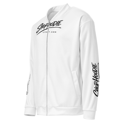 White hoodie with black text on a white background