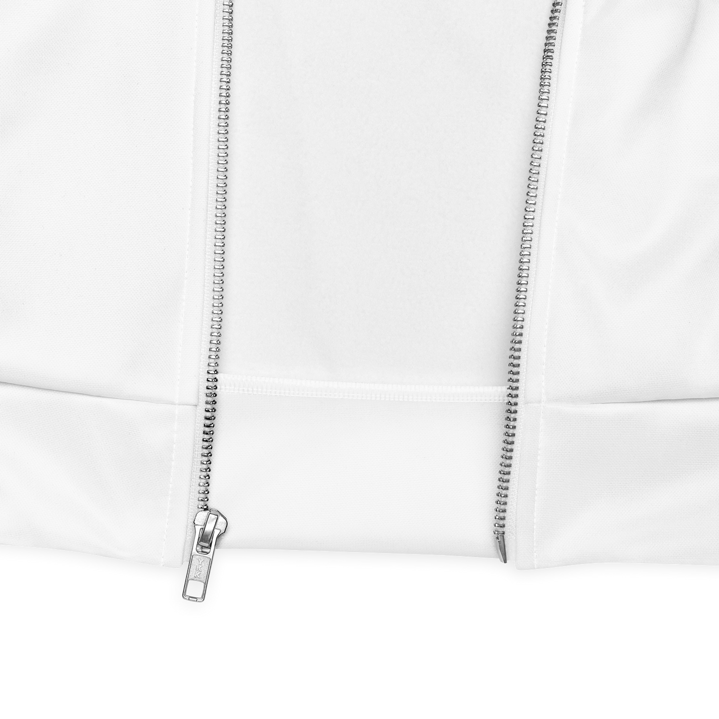 Close-up of a white hoodie with a zipper on a white background