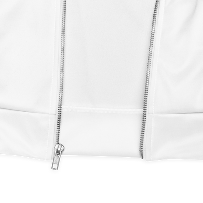 Close-up of a white hoodie with a zipper on a white background