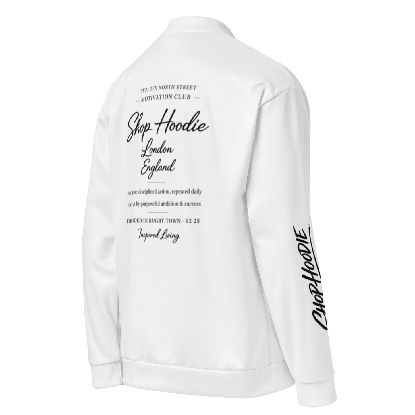 White hoodie with black text on a white background