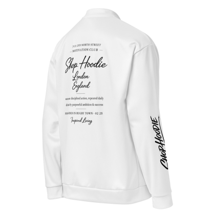 White hoodie with black text on a white background