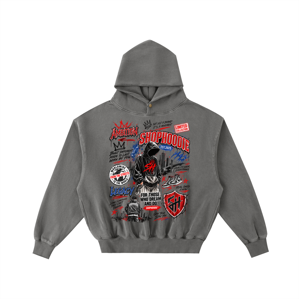 SHOPHOODIE® LONDON AMBITION IN MOTION Frayed Vintage Wash Oversized Fleece Hoodie — 350 GSM — product image 5