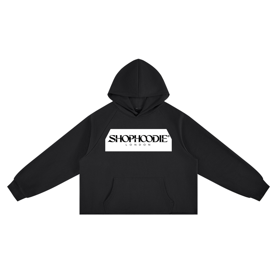SHOPHOODIE® LONDON DROP 01 White Box Logo Vintage Wash Raw Edge Boxy Hoodie — 350 GSM