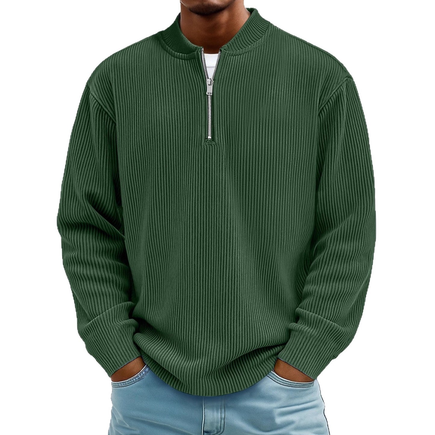 Green ribbed sweater with a quarter zip on a white background