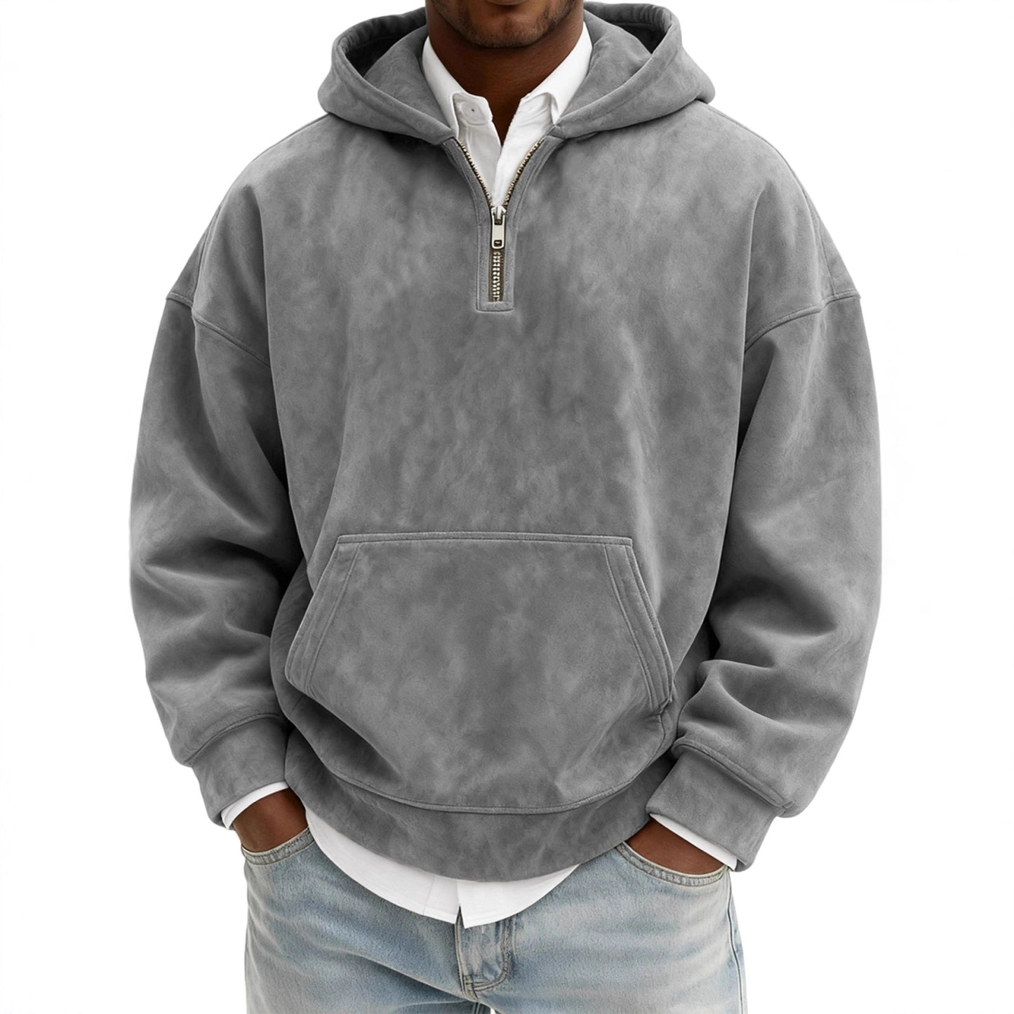 Gray hoodie worn by a person on a white background