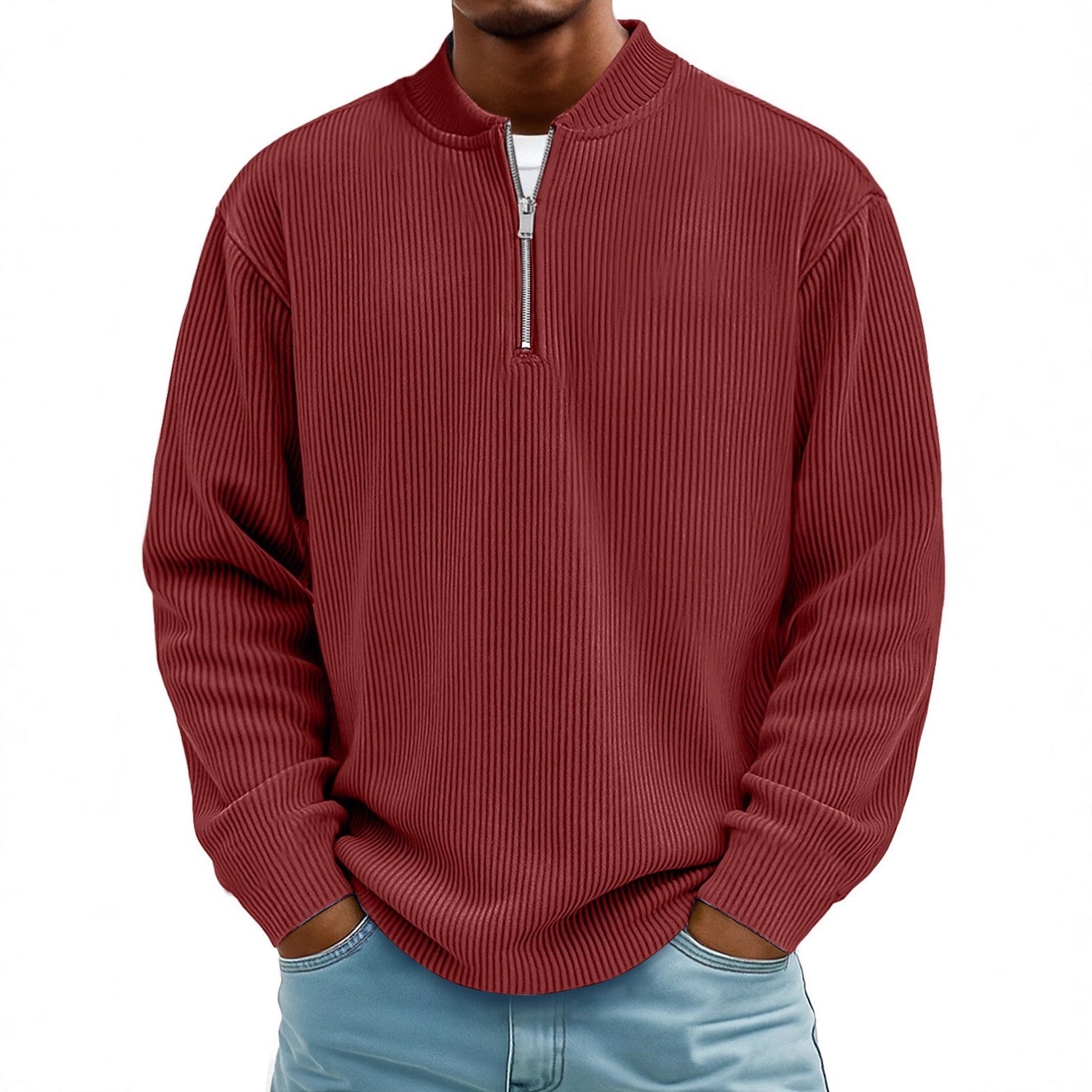 Red ribbed sweater with a quarter zip on a white background