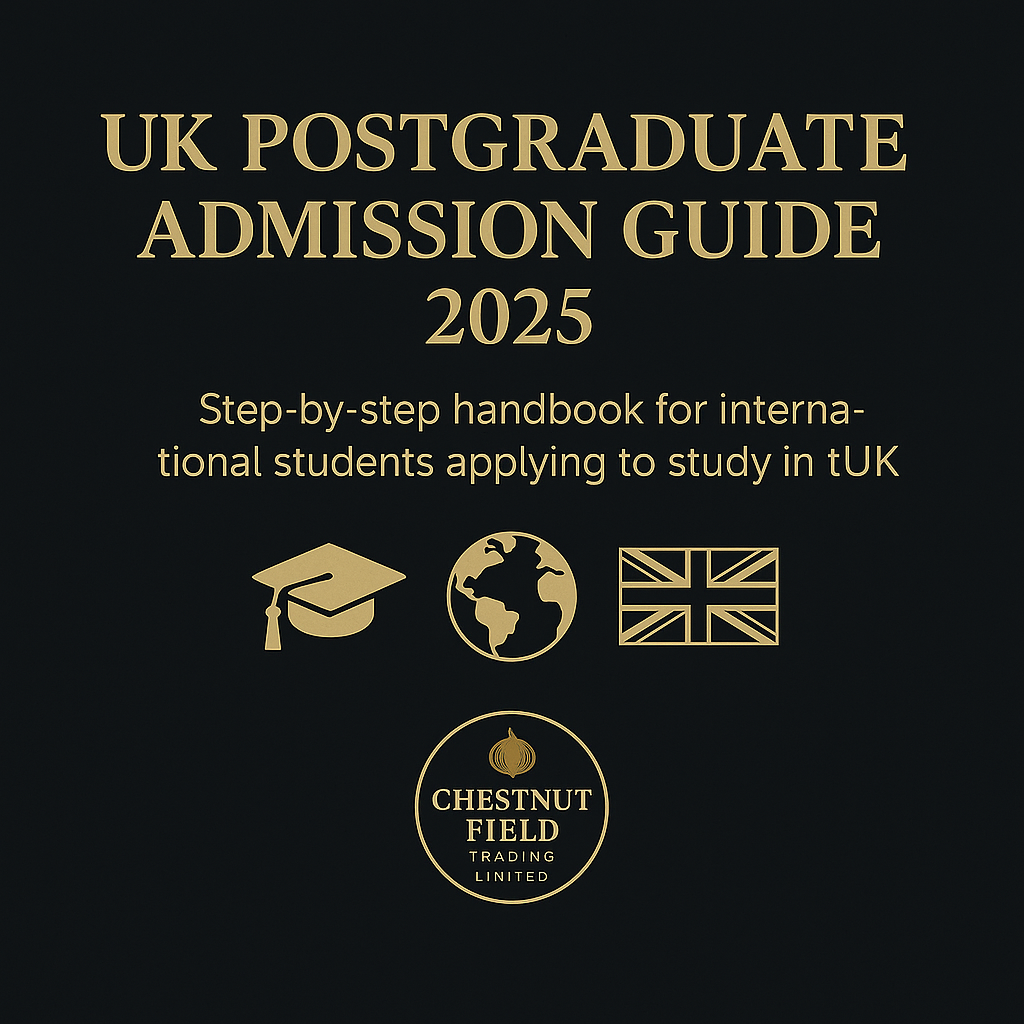 UK Postgraduate Admission Guide 2025 on a black background with gold text and graphics.