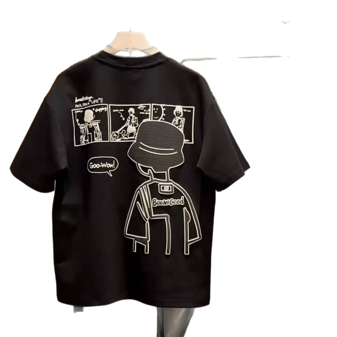 Black t-shirt with graphic design on a white background