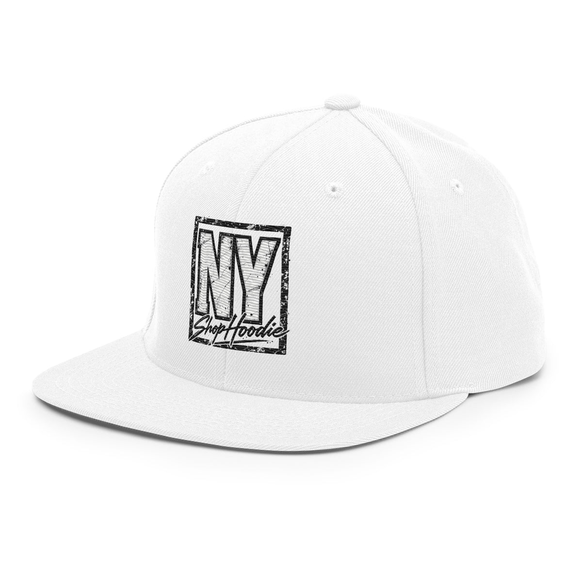 SHOPHOODIE® white embroidered snapback hat – left-front angled view showing embroidered front graphic