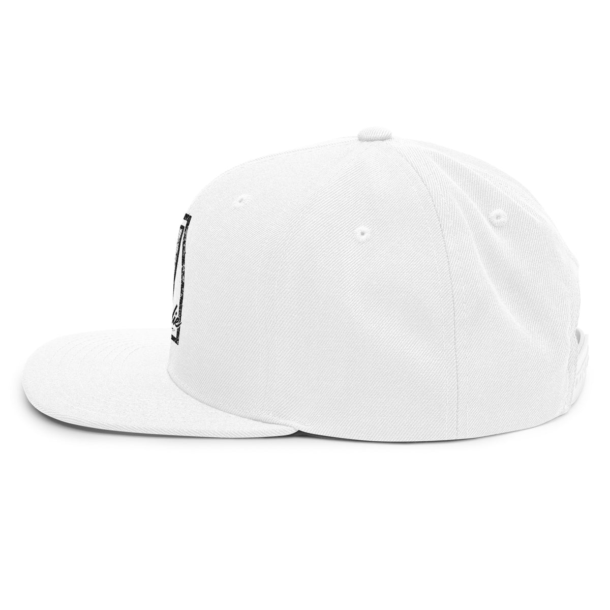SHOPHOODIE® white embroidered snapback hat – left side profile showing structured six-panel crown