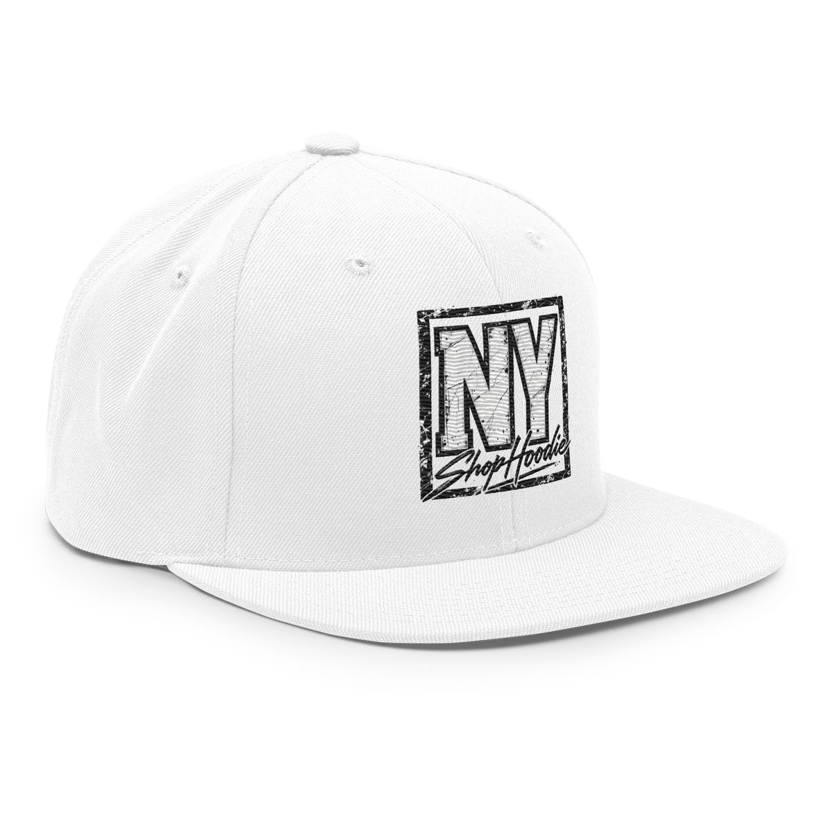 SHOPHOODIE® white embroidered snapback hat – right-front angled view showing embroidered front graphic