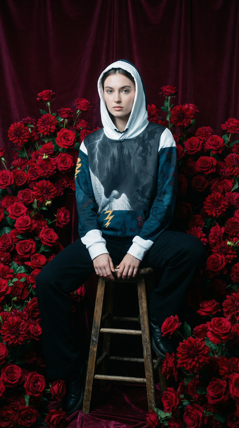 Person sitting on a stool in front of red roses with a dark curtain background