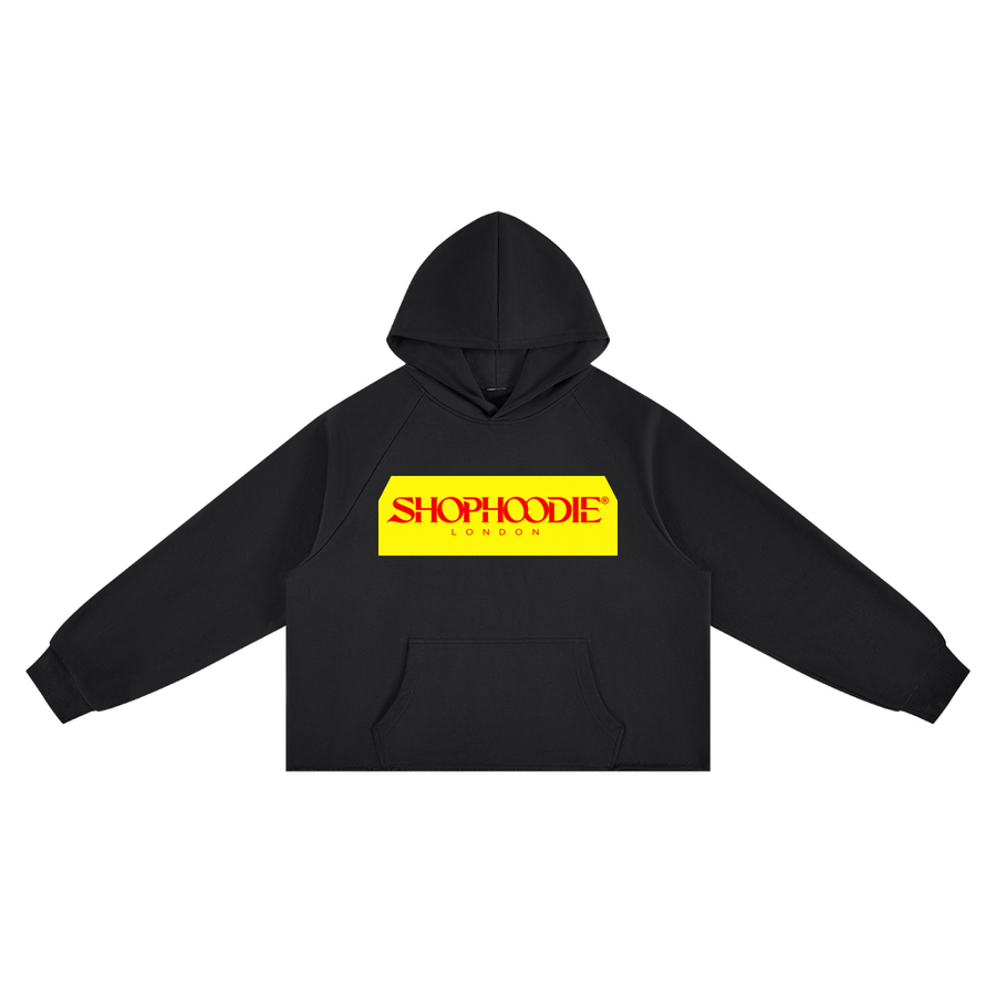 SHOPHOODIE® LONDON Yellow & Red Box Logo Vintage Wash Raw Edge Boxy Hoodie — 350 GSM