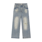SHOPHOODIE® BLANK Vintage-Wash Distressed Wide-Leg Denim Jeans — 430 GSM