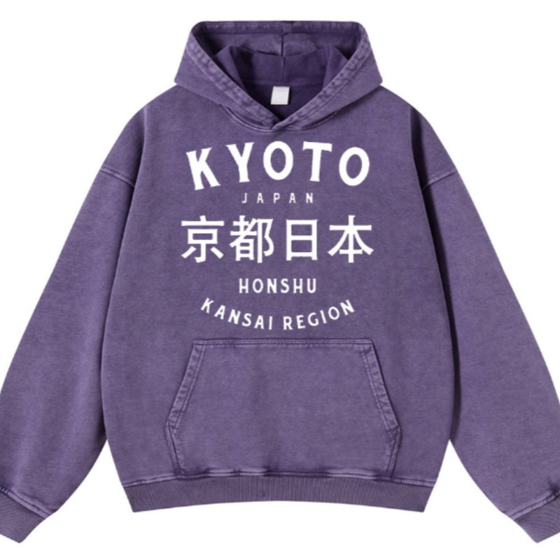Purple hoodie with 'KYOTO JAPAN' text on a white background
