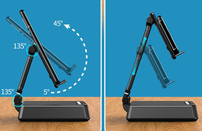 Adjustable stand with tablet and phone holders on a wooden surface and blue background