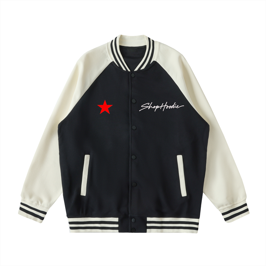 SHOPHOODIE® AVANT SH SIGNATURE Two-Tone Loose-Fit Button-Up Varsity Jacket — 380 GSM