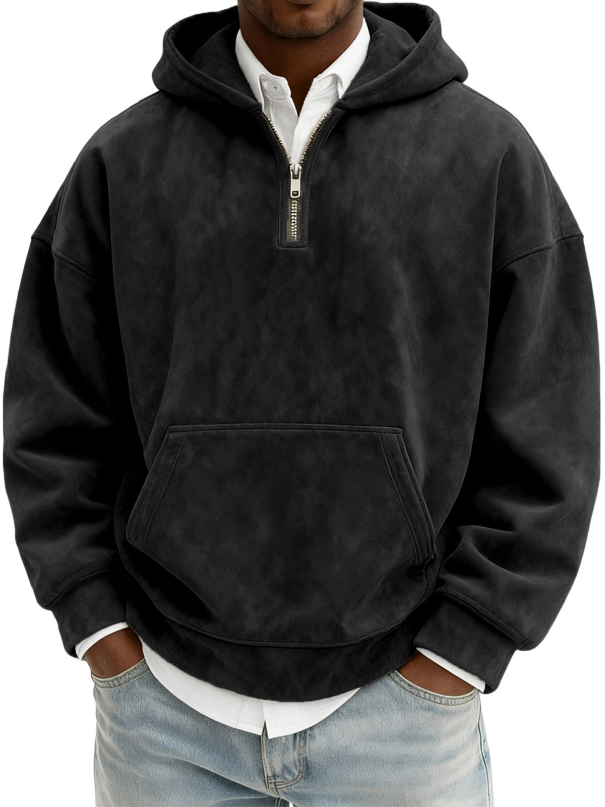 Black pullover hoodie worn by a person on a white background