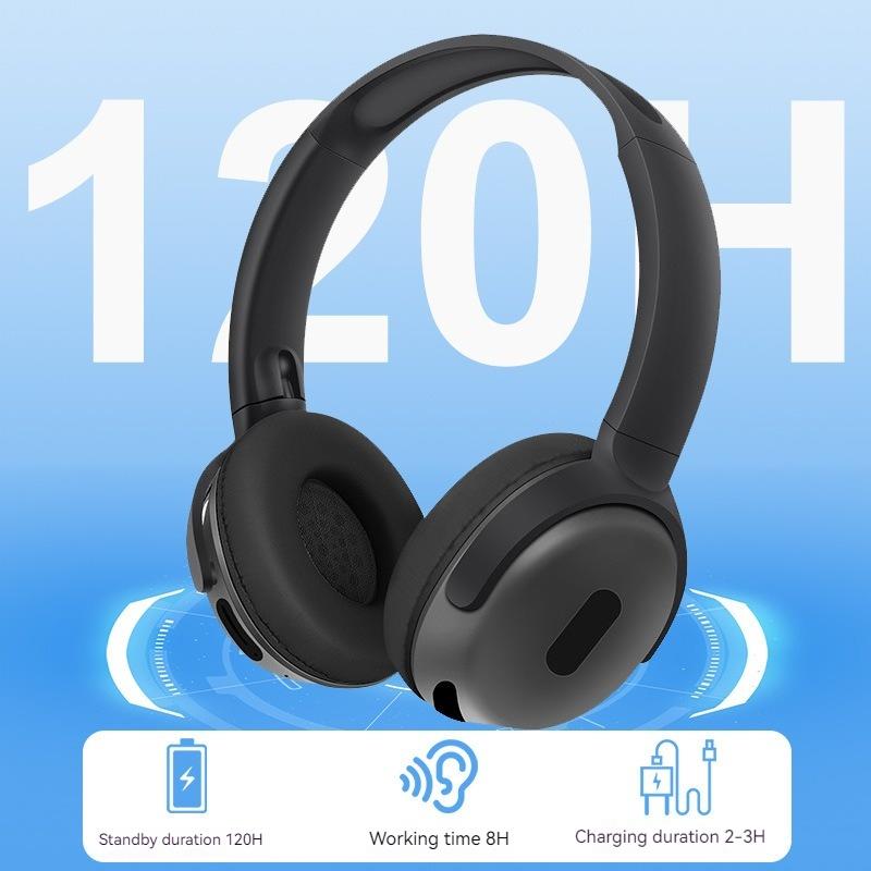 Black headphones with standby, working, and charging durations on a blue background