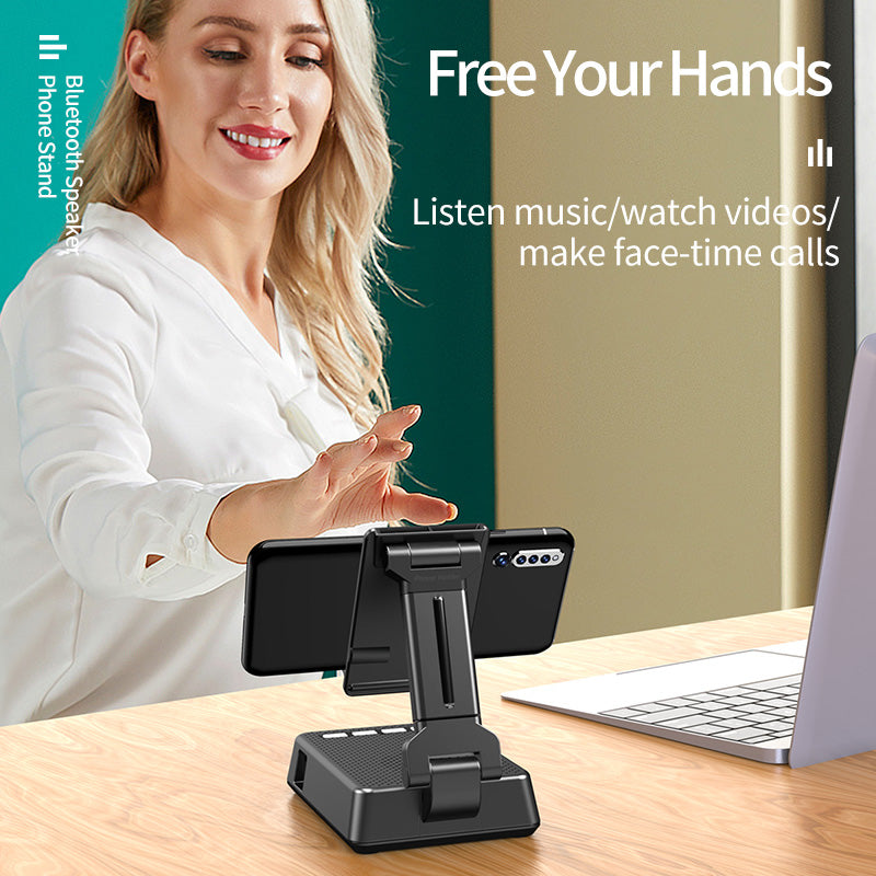 Woman using a phone stand with text 'Free Your Hands' and product features.