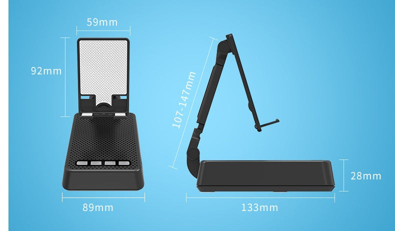 Black adjustable stand with dimensions labeled on a blue background