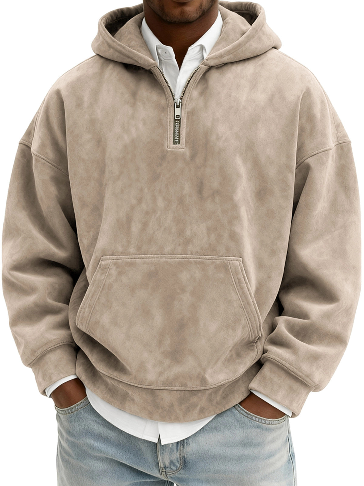 Beige hoodie worn by a person on a white background