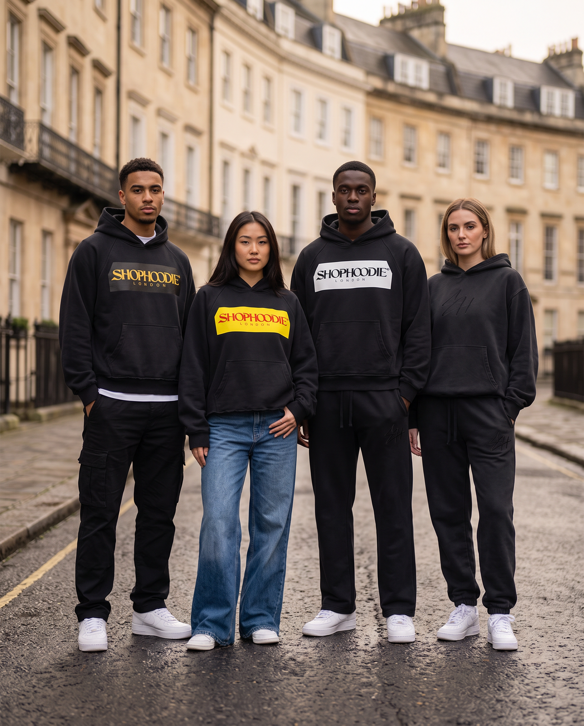 SHOPHOODIE® LONDON models wearing heavyweight vintage wash hoodies on a London street