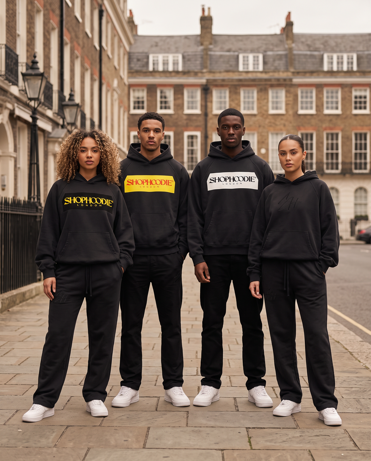 SHOPHOODIE® LONDON campaign — heavyweight vintage wash hoodies and sweatpants on models