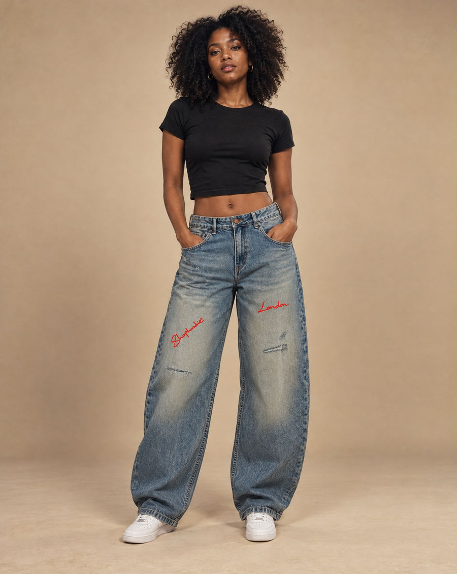 SHOPHOODIE® LONDON Distressed Barrel-Leg Denim Jeans — 340 GSM