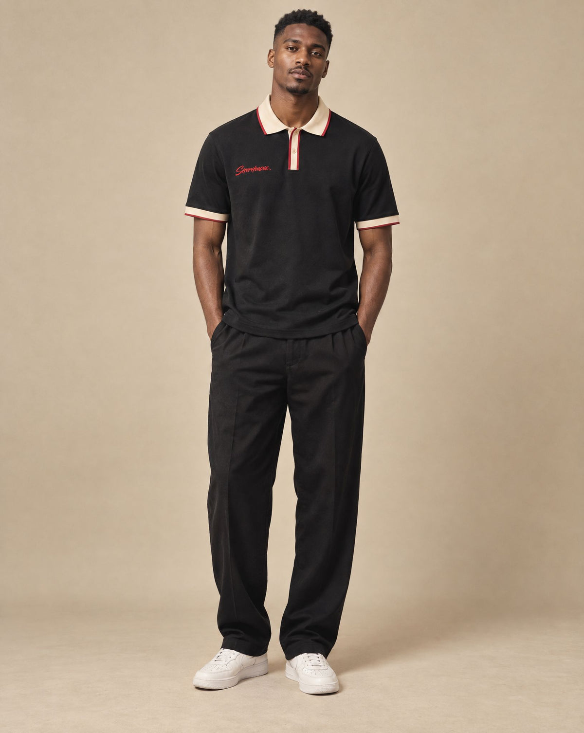 Male model wearing SHOPHOODIE AVANT Colour Block Polo Shirt — 240 GSM, studio shot
