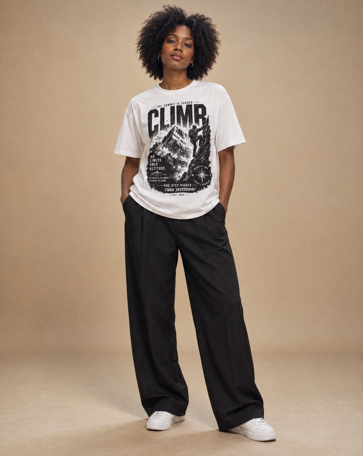 Amara wearing SHOPHOODIE® MOUNTAIN CLIMBER Cotton T-Shirt — 260 GSM