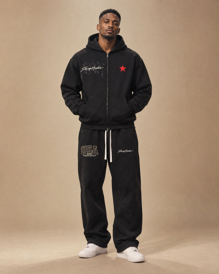 SHOPHOODIE® AVANT Heavyweight Full-Zip & AVANT USA Barrel Sweatpants Complete Set