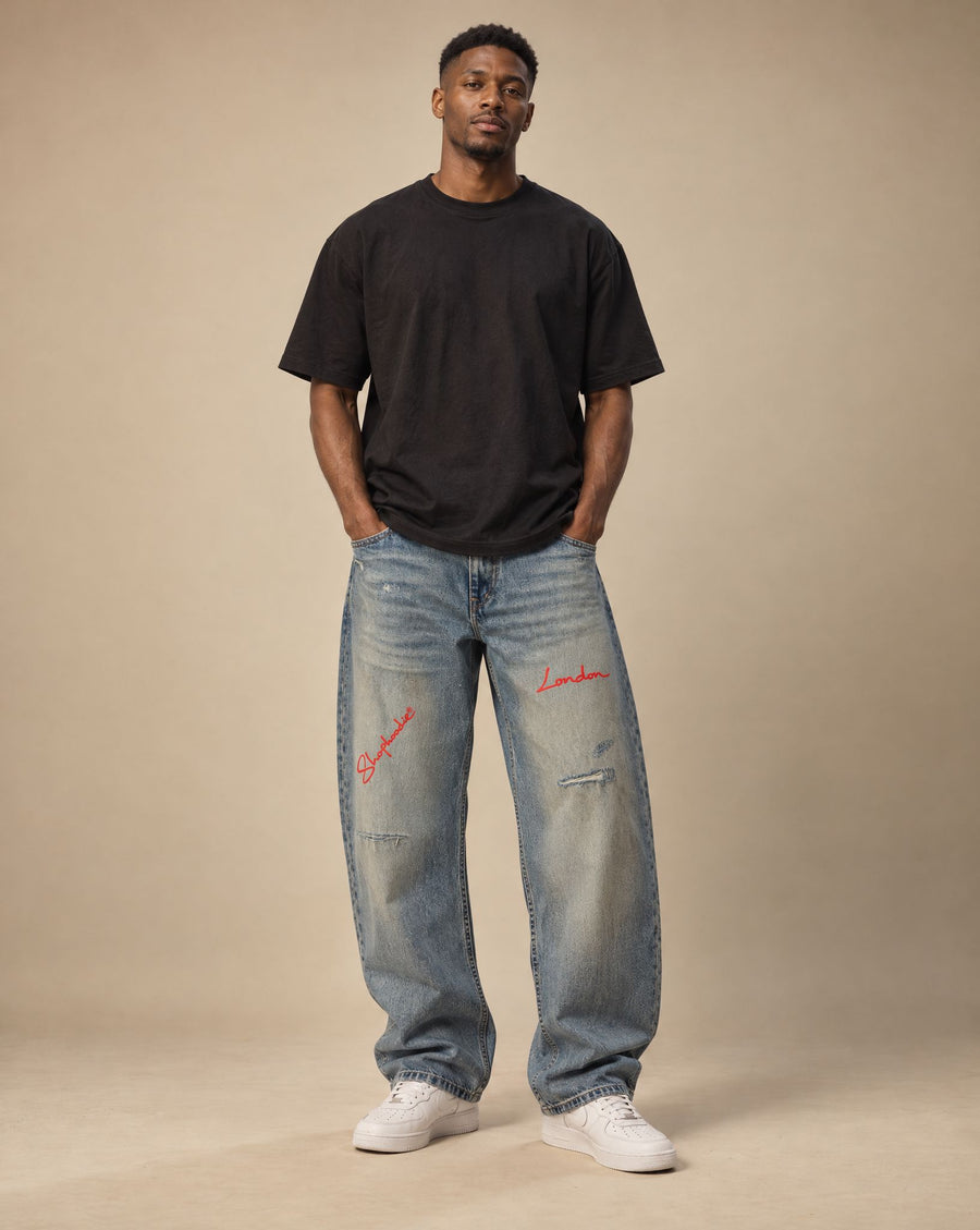 SHOPHOODIE® LONDON Distressed Barrel-Leg Denim Jeans — 340 GSM