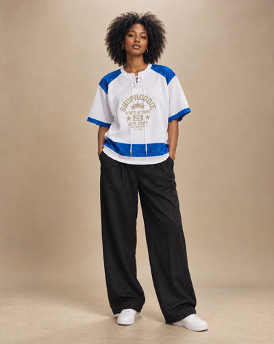 Female model wearing SHOPHOODIE STATE OF MIND Raglan-Sleeve Mesh Boxy T-Shirt, studio shot
