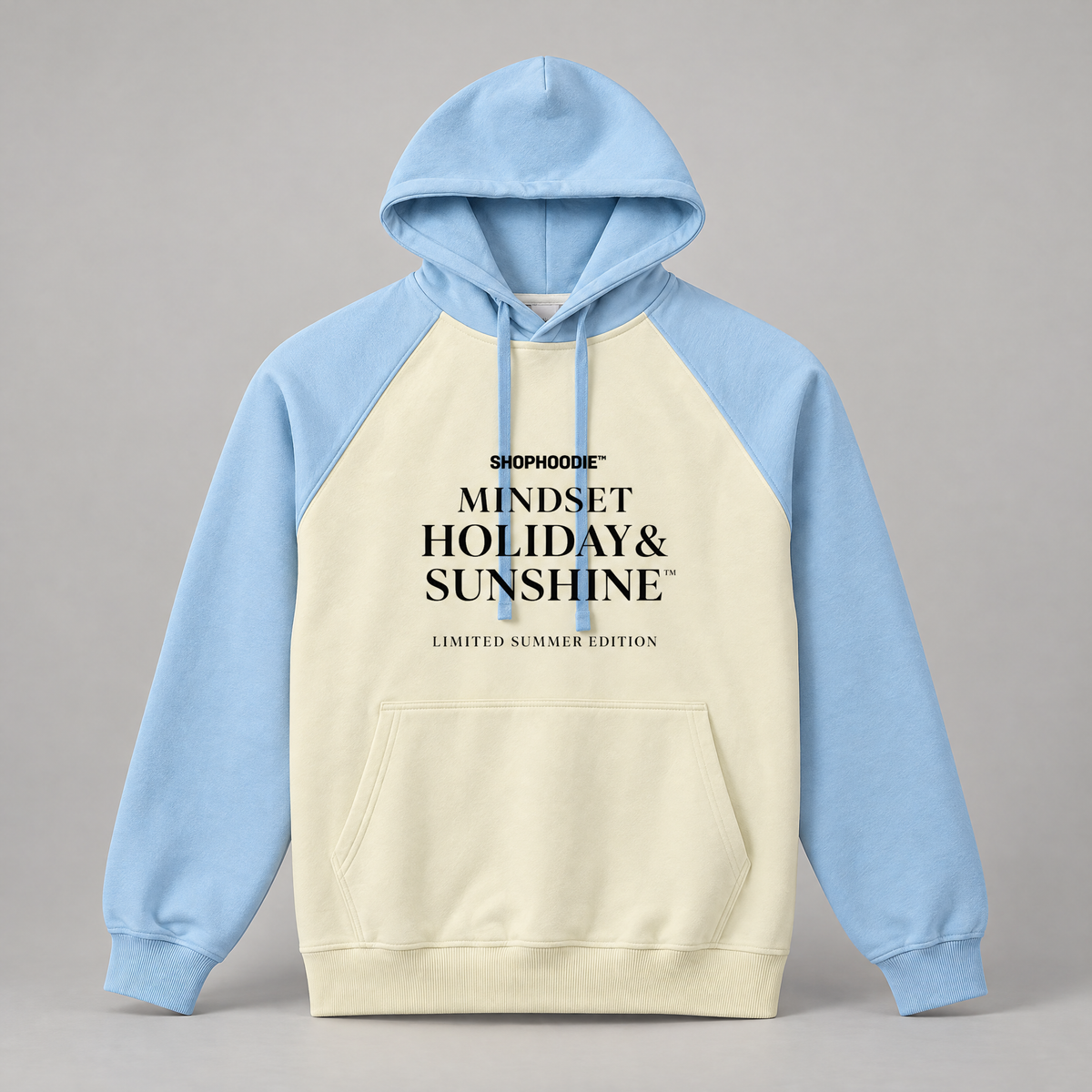 SHOPHOODIE® Mindset Holiday & Sunshine Heavyweight Colour-Block Raglan Hoodie in Mild Apricot with Sky Blue – front product shot