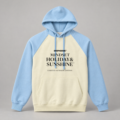 SHOPHOODIE® Mindset Holiday & Sunshine Heavyweight Colour-Block Raglan Hoodie in Mild Apricot with Sky Blue – front product shot