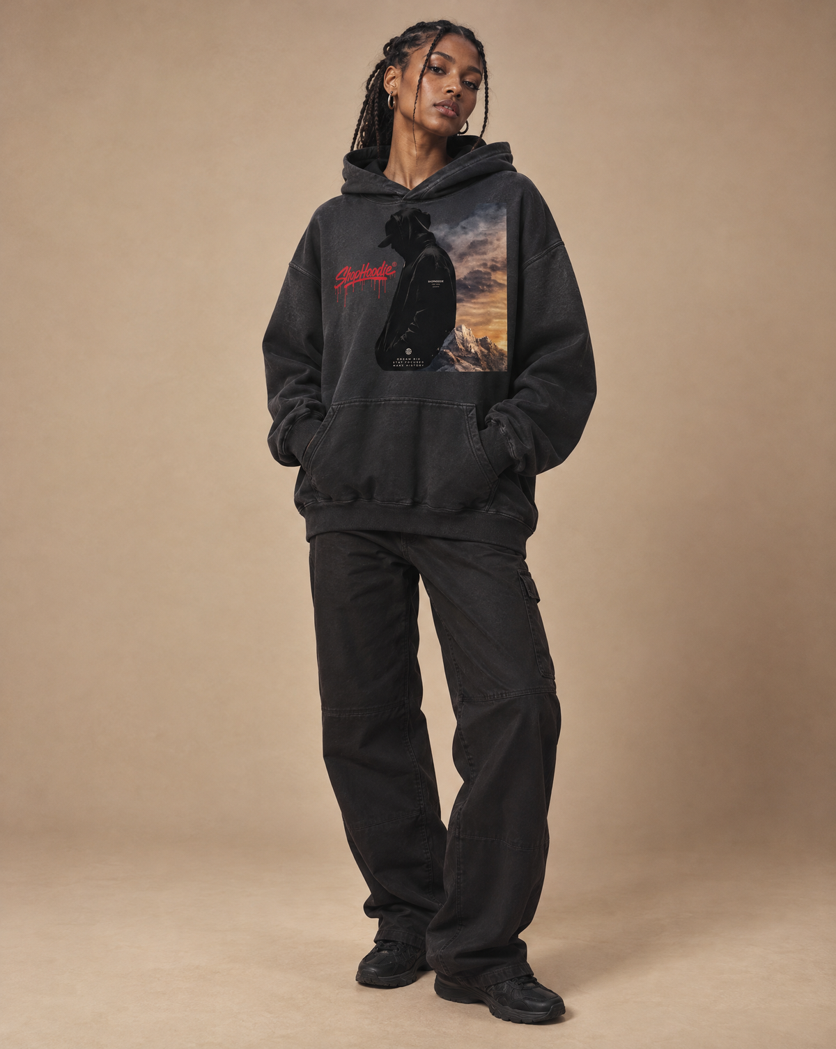 Amara wearing SHOPHOODIE® EAGLE VISION Heavyweight Sunfade Oversized Hoodie — 400 GSM