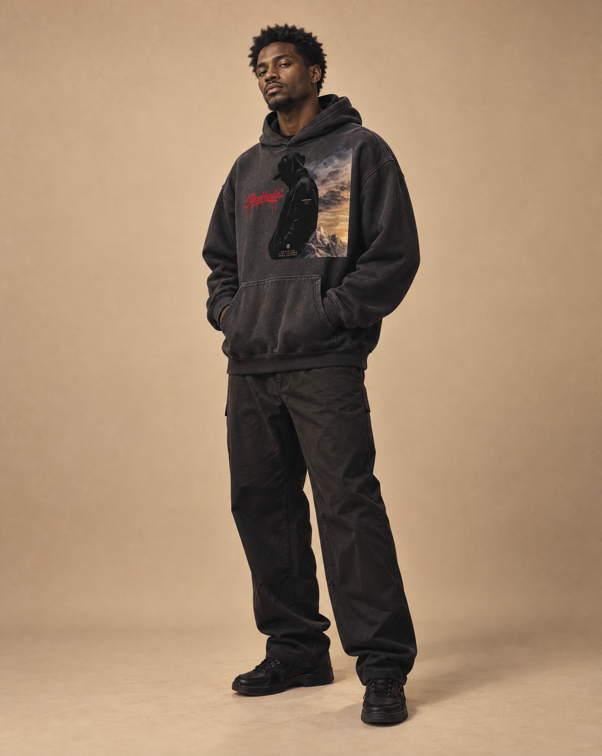 Male model wearing SHOPHOODIE EAGLE VISION Heavyweight Sunfade Oversized Hoodie
