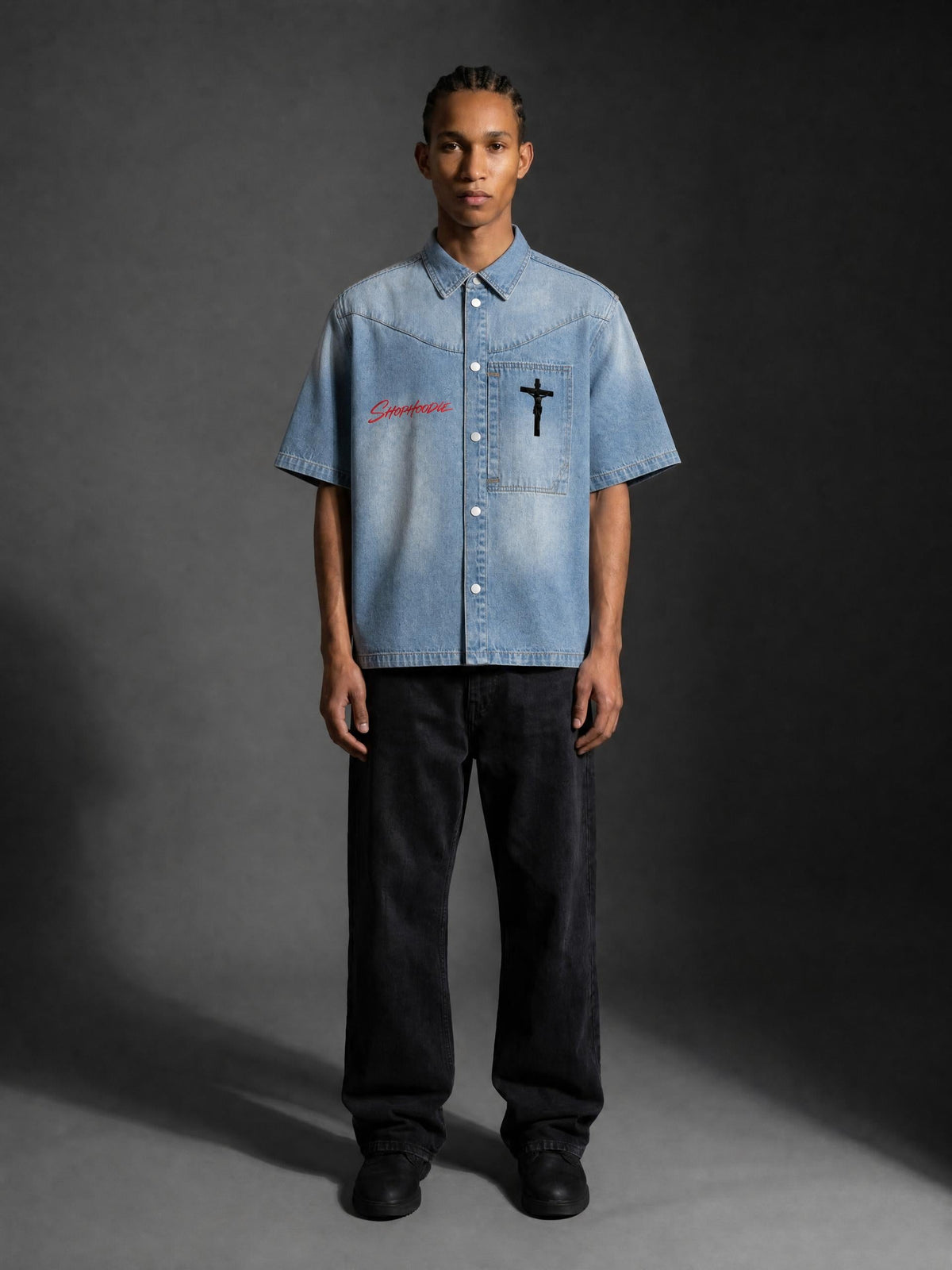 SHOPHOODIE® AVANT Cross Denim Shirt — top half of this complete set, further view