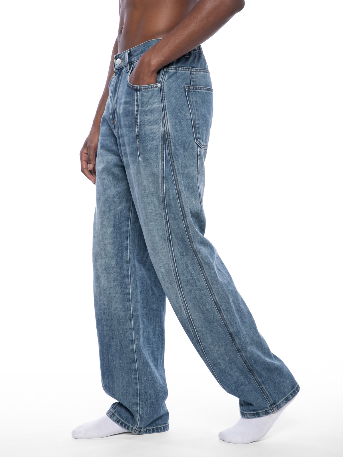 SHOPHOODIE® AVANT ELITE vintage wash barrel-leg denim jeans — 410 GSM heavyweight denim — product view 4