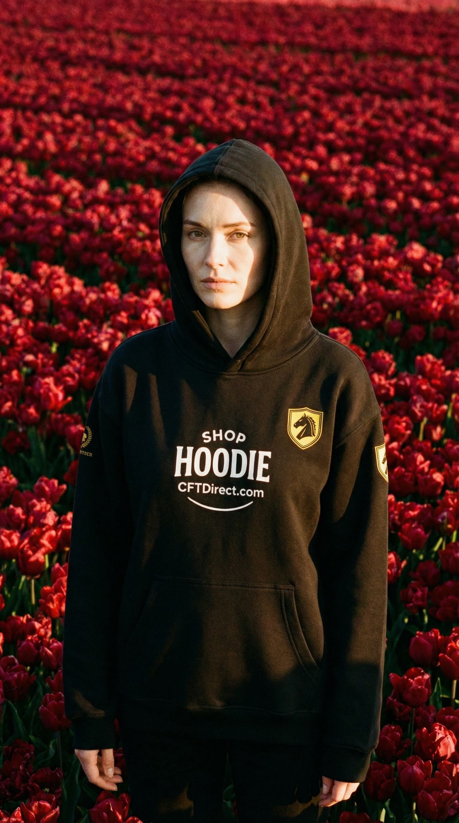 Person wearing a hoodie with branding in a field of red tulips
