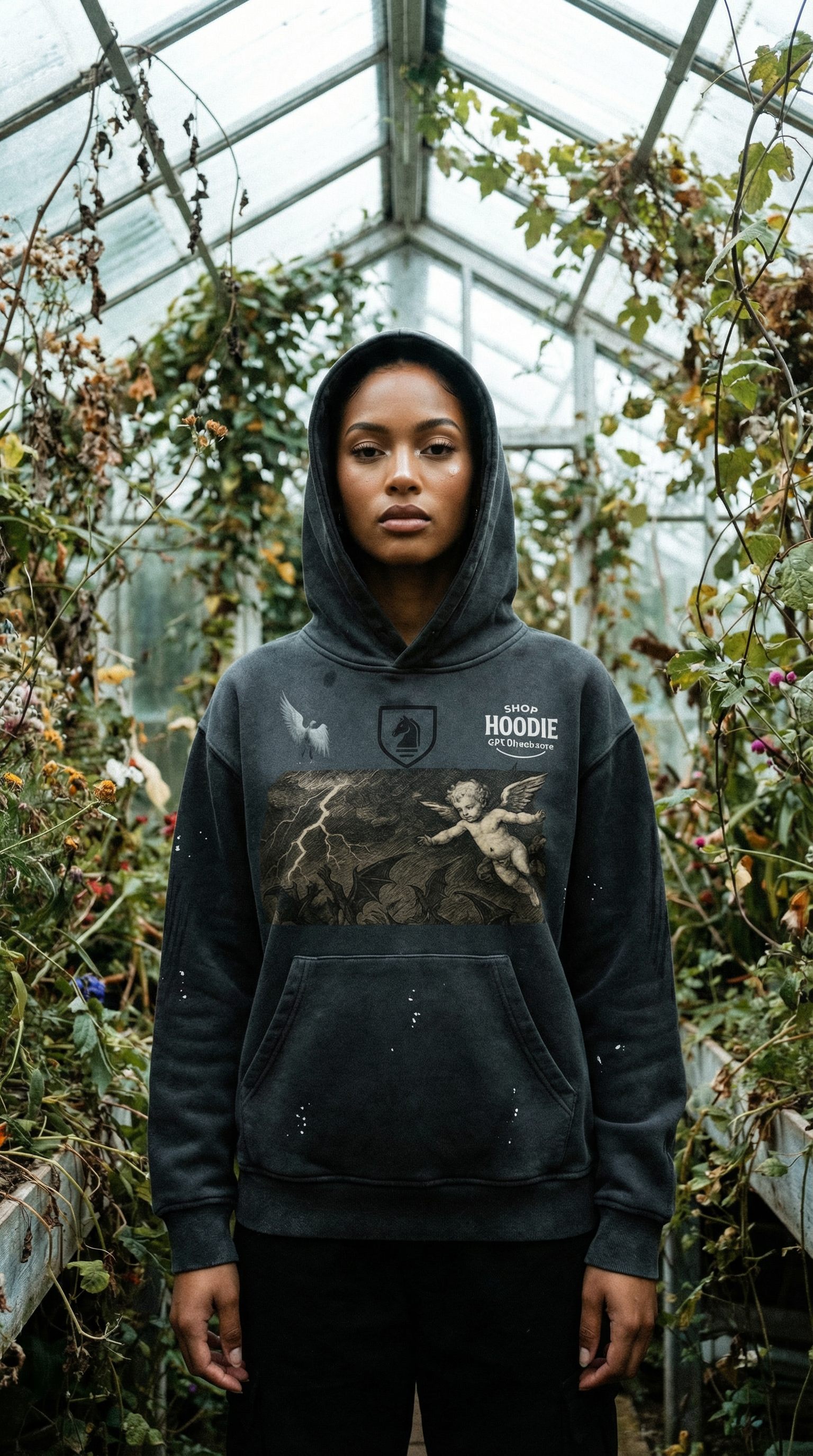 Person wearing a black hoodie with a graphic design in a greenhouse setting