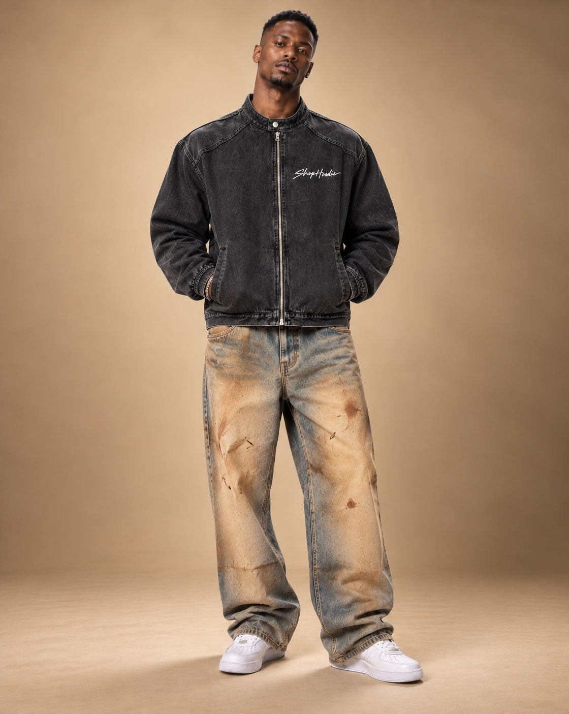 SHOPHOODIE men's vintage wash barrel-leg jeans styled with black zip denim jacket — studio model image