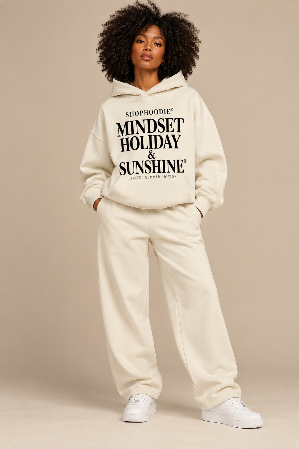 SHOPHOODIE® LONDON Mindset Holiday and Sunshine 460 GSM hoodie female model bone