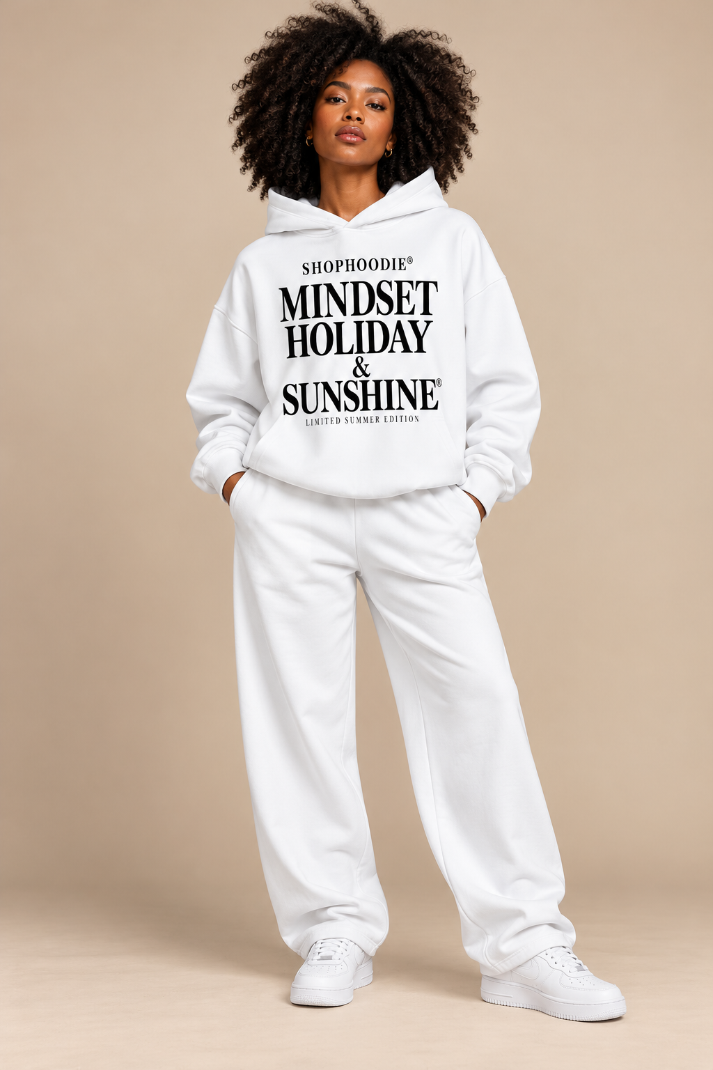 SHOPHOODIE® LONDON Mindset Holiday and Sunshine 460 GSM hoodie female model white