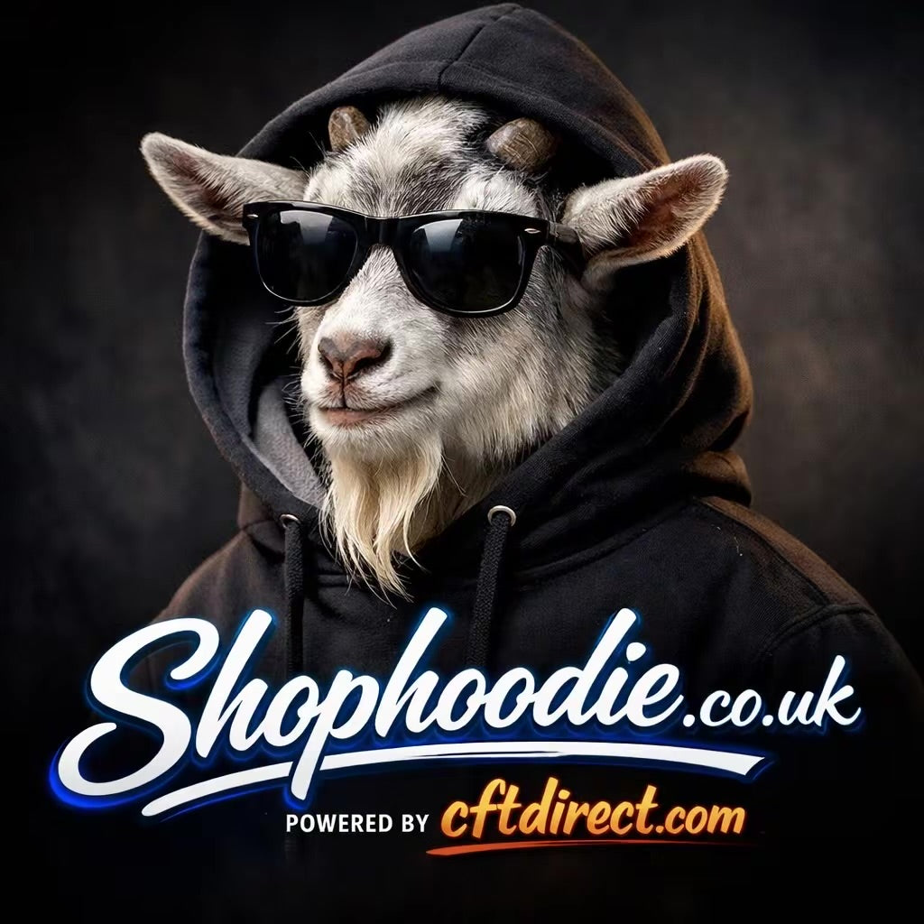 Goat wearing sunglasses and a hoodie with 'Shophoodie.co.uk' branding.